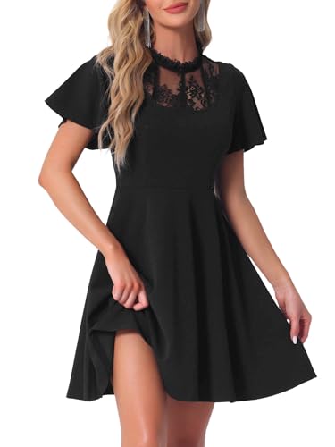 Allegra K Gothic Dress for Women Halloween Party Dress with Lace Mock Neck A-Line Vintage Cocktail Dresses