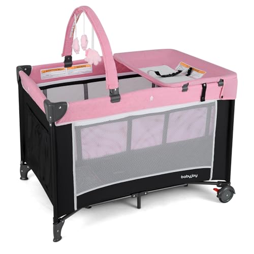 Image of BABY JOY 3 in 1 Pink Pack and Play, Travel Baby Crib Bassinet Bed with Bassinet for Girl, Changing Table w/Safety Belt, Toy Bar, Lockable Wheels, Portable Baby Playard from Newborn to Toddler