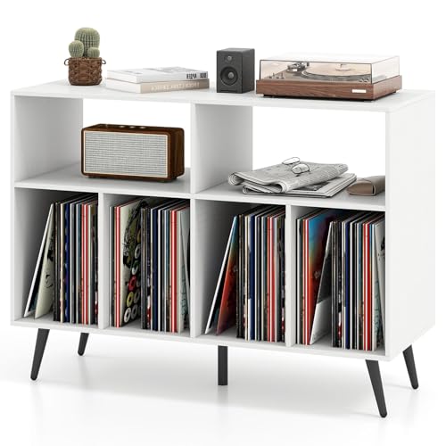 KOMFOTTEU Mueble para Tocadiscos de 3 Niveles, Soporte de Discos de Vinilo con 4 Compartimentos y 2 Estantes Abiertos, Mesa para Tocadiscos con 5 Patas de Metal (Blanco, sin Estación de Carga)