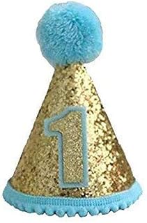 RONGRONG 1st Glitter Birthday Cone Hats with Pom Poms, Adjustable Headbands Sparkle Party Hats, Cake Topper Party Decorations (Blue 1)