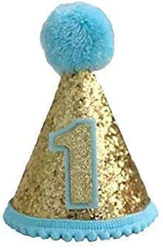 RONGRONG 1st Glitter Birthday Cone Hats with Pom Poms, Adjustable Headbands Sparkle Party Hats, Cake Topper Party Decorations (Blue 1)