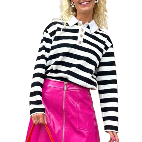 Y2K Striped Polo Shirts for Women Long Sleeve Lapel Collared Color Block Preppy Tops Teen Girls Cute Rugby Shirts