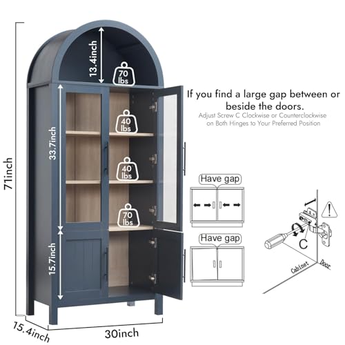Image of 71 inch Tall Arched Display Cabinet, 5-Tier Bookshelf Modern Farmhouse Arched Bookcase with Glass Doors and Shelves, Wooden Pantry Storage Cabinet for Living Room, Office and Kitchen, Blue