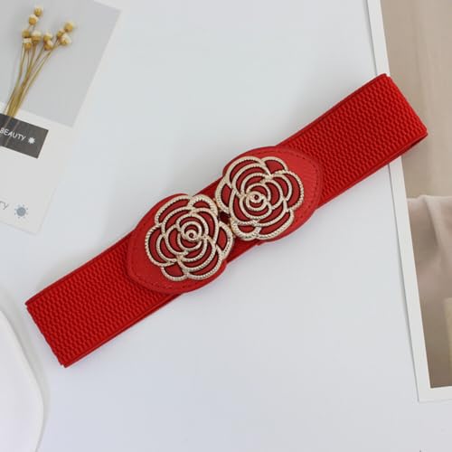 Women Belt for Jeans Dress Cinch Waist Belt for Ladies Faux Leather Belt with Gold Buckle Flower Elastic Waistband Girdle Decorative (Red)4
