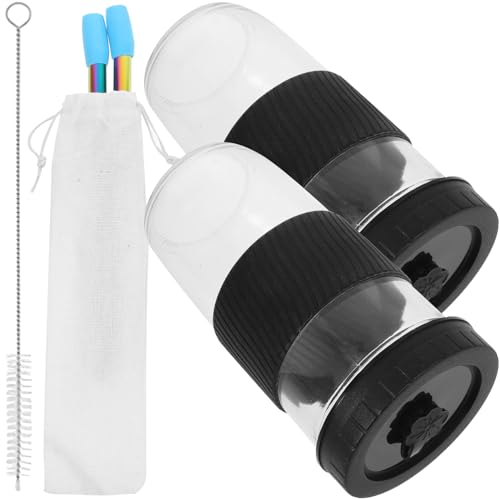 COLLBATH Vaso de Vidrio Reutilizable con Tapa y Pajita Set de 2 Unidades con Funda de Silicona Negra Apto para Jugos Café y Bebidas Frías Portátil y Fácil de Limpiar