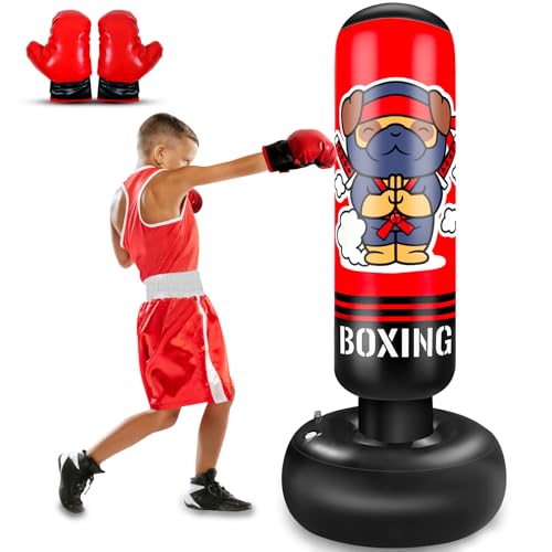 Sac de Frappe Enfant, 165cm Punching Ball Enfants, Sac de Boxe Gonflable avec Gants de Boxe, Cadeau pour Garçons...