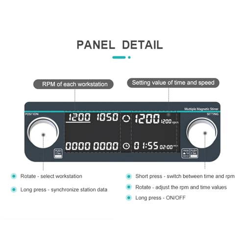 Agitador magnético con pantalla LED, velocidad ajustable (50-1500 RPM) y temporizador (1 minuto - 19H 59M), control de sincronización/sincronización
