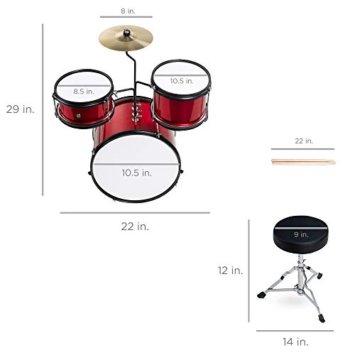 Best Choice Products Kids Drum Set 3-Piece Beginner Drum Set Junior Drum Set, W/Throne Stool, Cymbal, Drum Sticks, Bass Drum Pedal, 2 Toms - Red #TOP4