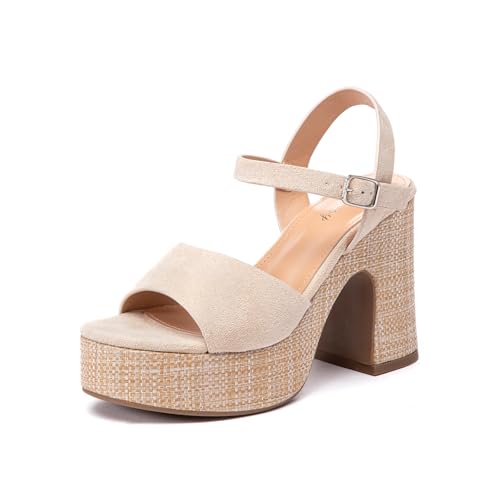 Lryweisy Women's 4 Inch Suede Heels Espadrilles Chunky Platform Sandals Open Toe Dress Pump Shoes with Adjustable Buckle