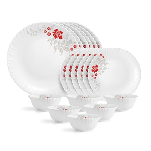 Cello Opalware Dazzle Series Scarlet Bliss Dinner Set, 18 Units | Opal Glass Dinner Set For 6 | Light-Weight, Daily Use Crockery Set For Dining | White Plate And Bowl Set