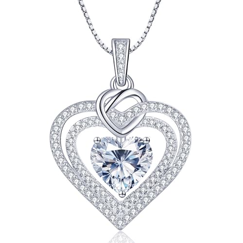 Moissanite Necklace for Women, 2 Carat Heart Necklace Engraved 'I