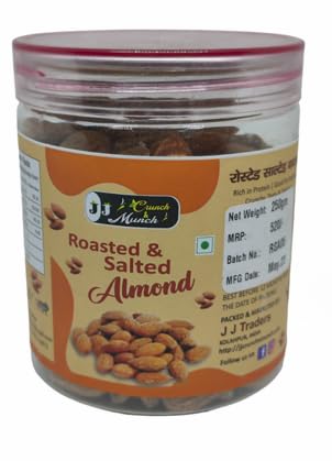 J J crunch N munch Smoked and Roasted Almonds Himalayan Pink Salt, Healthy Snack - Salted Badam, Dry Fruit, Crunchy & Delicious Almonds, 250 Gram (Pack Of 1).