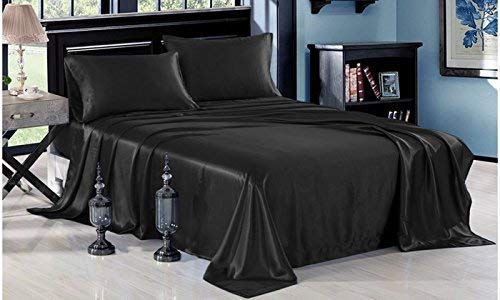 Luxurious Bedding 100% Pure Silk Satin Sheet Set 4pcs, Silk Fitted Sheet 15'' Deep Pocket,Silk Flat Sheet & Pillowcases Set !!! Queen, Black