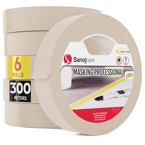 Ruban de Masquage à Usage Général 25mm x 50m | 6 Rouleaux pour les Travaux de Masquage et de Décoration de Peinture D'intérieur par Sanojtape