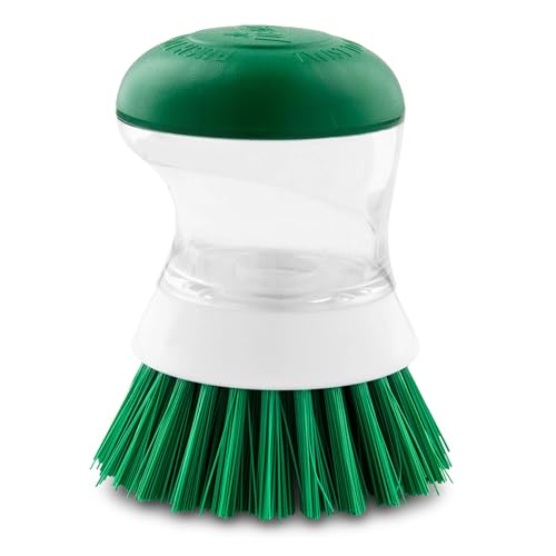 Image of Libman Palm Brush with Soap Dispenser - Dish Brush for Pots, Pans & Kitchen Sink Cleaning - Ergonomic Grip, Non-Leaking Button, Durable Angled Bristles - Recycled PET Fibers - 4 inch x 3.25 inch