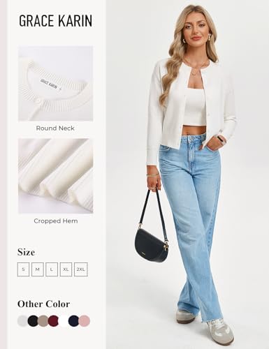 GRACE KARIN White Cardigan Sweaters Lightweight Cropped Cardigan for Women Long Sleeve Button Up Knit Bolero Shrugs Fashion Clothes S — view 6