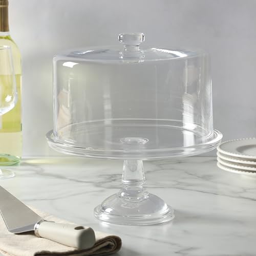 Image of Martha Stewart Watercrest Glass Cake Stand with Dome, 10.2 Inch Clear Footed Pedestal Cake Stand with Glass Lid Cover, Handmade Glassware for Cakes and Desserts