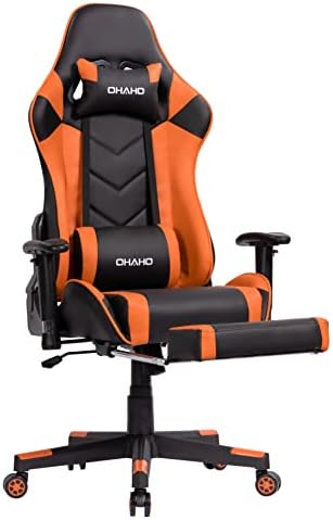 OHAHO Gaming Chair Racing Style Office Chair Adjustable Massage Lumbar Cushion Swivel Rocker Recliner Leather High Back Ergonomic Computer Desk Chair with Retractable Arms and Footrest (Black/Orange)