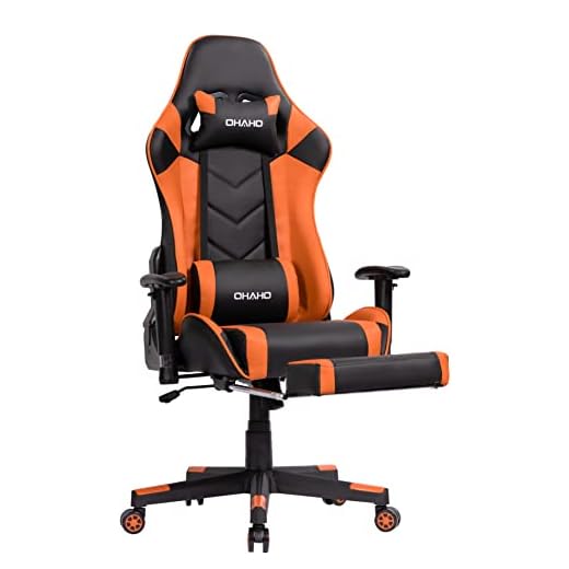OHAHO Gaming Chair Racing Style Office Chair Adjustable Massage Lumbar Cushion Swivel Rocker Recliner Leather High Back Ergonomic Computer Desk Chair with Retractable Arms and Footrest (Black/Orange)