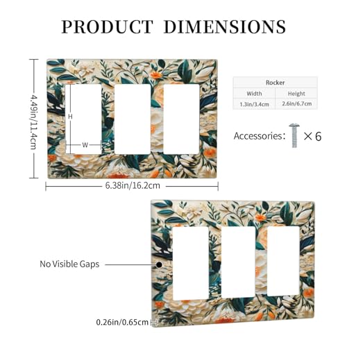 Decorative Outlet Covers Rustic Big Flowers Abstract Floral 3 Gang Wall Plate Triple Rocker Light Switch Cover Plate Jumbo Electrical GFCI Faceplate for Country Bedroom Home Decor
