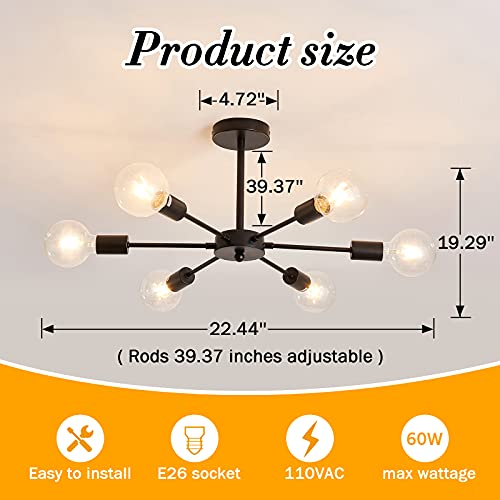 Uofus Sputnik 6 Light Chandelier Black Mid Century Ceiling Light Fixture Modern Pendant Lighting For Kitchen Dining Room Living Room Bedroom #TOP1