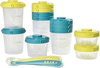 BÉABA - Set of 12 Baby Food Storage Container + 2 Silicone Spoons - Stackable and clippable pots - 100% Airtight with Measurement indication - Freezer safe - 2x60 ml & 4x120 ml & 6x200ml - Blue