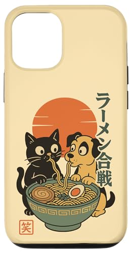 かわいい 猫と犬 丸呑み ラーメン 麺 漫画 カワイイ スマホケース iPhone 12/12 Pro 用