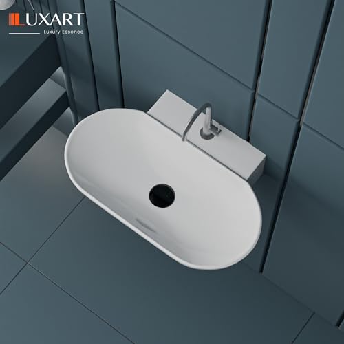 Image of LUXART Tabletop Wash Basin For Bathroom - 22 x 16 x 5 Inc Ceramic Glossy White Countertop & Wall Hung Washbasin | Vessel Sink For Hotel, Dining Hall, Vanity | Over counter Top Washroom Sink