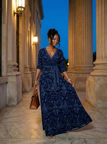 Image of PinkPatty Plus Size Maxi Dresses for Women Casual Flowy Long Dress 3 /4 Sleeve V Neck Wrap Dress with Belt