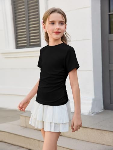 Haloumoning Girls Short Sleeve T Shirts Kids Ruched Side Slim Fit Tops Casual Crewneck Tees 5-14 Years - Image 4