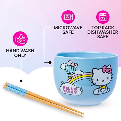 Image of Silver Buffalo Sanrio Hello Kitty Bright, Ramen Bowl with Chopsticks, 20oz | Rainbow, Ceramic, Noodle Rice Bowl, Microwave Safe, 0.59 Liters