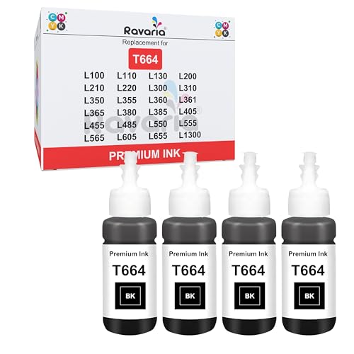 Image of T664 Compatible Ink for Ep L100, L110, L130, L200, L210, L220, L300, L310, L350, L355, L360 L361, L365, L380, L385, L405, L455, L485, L550, L555, L565 Printer (T664 Black 4 Pcs)