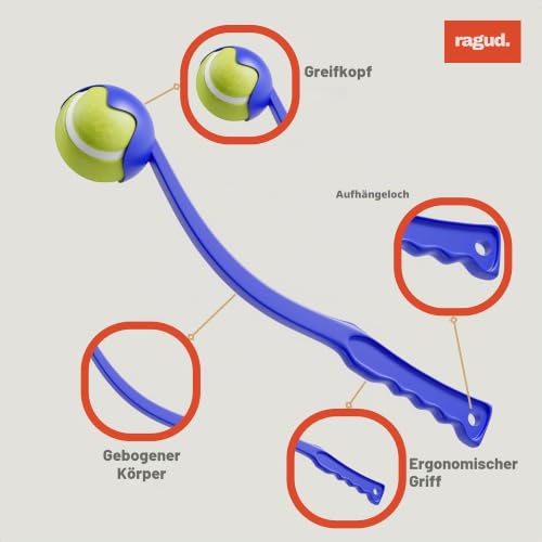 Ballwerfer Für Hunde - Hundespielzeug Set Mit 3 Bälle, Blau, 36 cm Lang. Praktisch und Hygienisch. Ballschleuder Für Hunde - Wurfspielzeug Zum Einfachen Apportieren Und Werfen Von Bällen (Kleine)