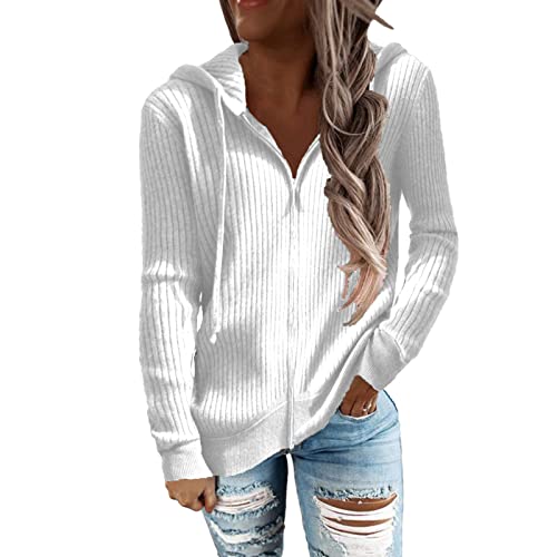 Cocoarm Women's Autumn Winter Rib Knit Long Sleeve Hoodies Zip Up with Drawstring Casual Loose Cardigan Sweater Outwear Coat(XL-White)