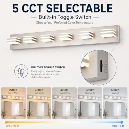 Image of 6-Light Brushed Nickel Vanity Light for Double Sink Bathroom, 41 Inch 48W 5CCT Dimmable LED Over Mirror Wall Fixture, Hardwired Light with Clear Acrylic Shade
