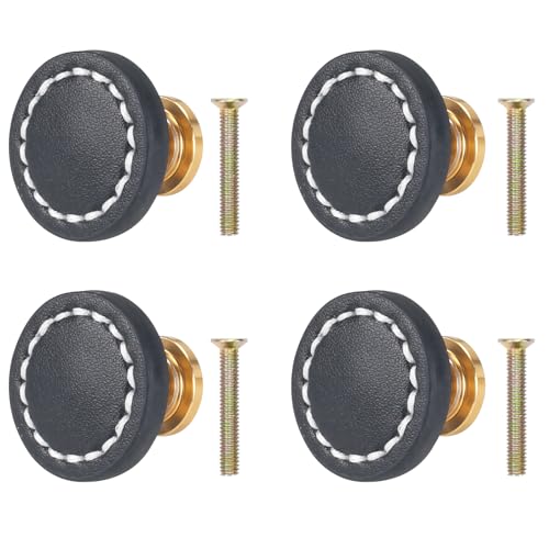 HO2NLE 4 Piezas Tiradores de Muebles Cuero Negro Redonda Pomos Infantiles para Muebles Accesorio de Mobilario, Armario, Cajón, Puerta
