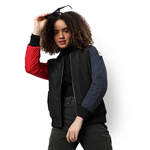 Image of Campus Sutra Women Red & Black Puffer Regular Fit Bomber Jacket For Winter Wear | Low-Cut Standing Collar | Full Sleeve | Zipper | Casual Jacket For Woman & Girl | Western Stylish Jacket For Women