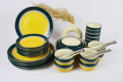Image of Ceramic Dinner Set of 34 Pieces- Premium Marigold Collection | Chipproof Handpainted Stoneware Ceramic Set l | Lead and Cadmium Free,Food Grade Quality (Marigold Yellow Green, 34)