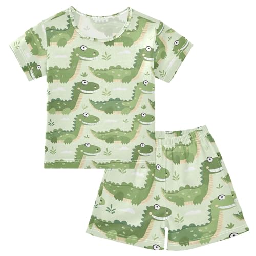 ALAZA Cute Crocodile Green Pajamas Set Short Sleeve Cotton Sleepwear Summer Pjs 2 Piece 5-14Y