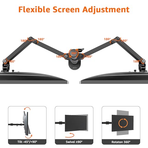 Image of Amazon Basics Adjustable Dual Monitor Desk Mount, Supports up to 32 inch Monitors and 22 lbs per Arm, Adjustable Tension, VESA 75x75 /100x100, Black