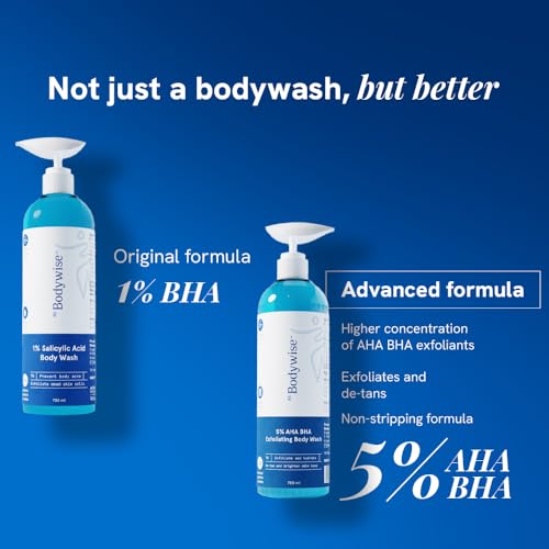 Image of Be Bodywise 5% AHA BHA Exfoliating Detan Body Wash 700ml | For Body Acne, Strawberry Skin, De-Tan | Infused with 3% Lactic Acid, 1% Salicylic Acid, 1% Glycolic Acid | Non-Drying, Paraben Free