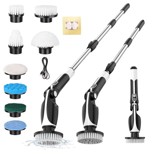 Cepillo giratorio para limpieza del hogar, cepillo eléctrico para limpieza con 8 cabezales reemplazables y escobilla de inodoro, 2 velocidades de rotación y mango extensible ajustable para baño/cocina