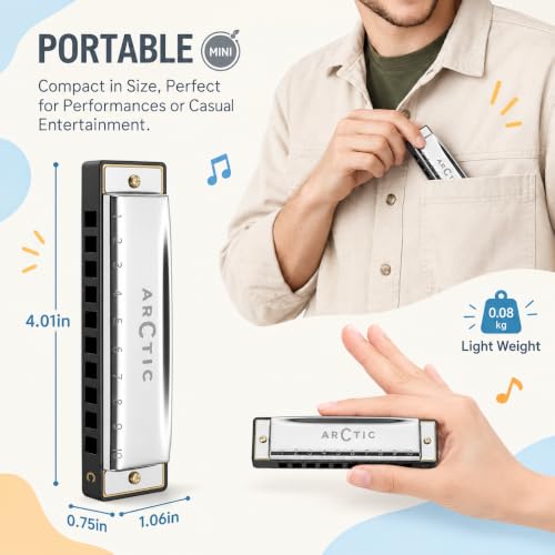 Image of ARCTIC C Key 10-Hole 20-Tone Diatonic Harmonica With Case & Cloth - Silver | Excellent Airtightness, Smooth Airflow, Clear Bright Tone, ABS Comb, Brass Reeds