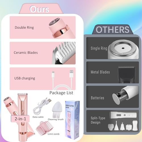 Image of Bikini Trimmer for Women,2-in-1 IPX7 Waterproof Electric Shaver,USB Cordless Painless Electric Razors with LED Display for Legs Bikini Facial Hair Removal, Body Wet&Dry Use Razor Kit for Lady Grooming