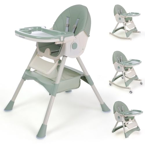Image of Sunchildor 4 in1 Foldable High Chair for Babies and Toddlers, Convertible High Chair with Removable Tray, Safety Belt, Footrest and Wheels, Green