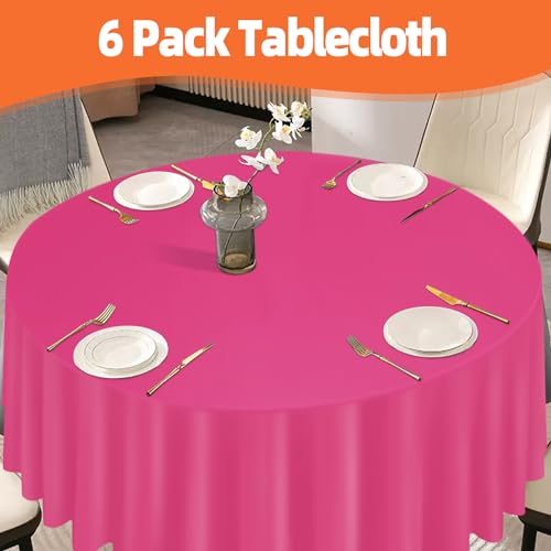 Image of tujol Hot Pink 6 Pack Plastic Table Cloth 84 inch, Disposable Round Tablecloth Table Cover, Plastic Tablecloths for Parties