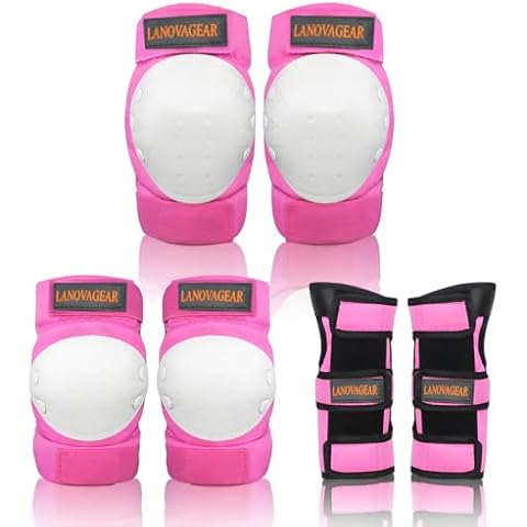 LANOVAGEAR Kids Adult Knee Elbow Pads and Wrist Guards Adjustable Safety Protective Gear Set for Cycling Skateboard Inline Skating (Medium, Pink) Cover