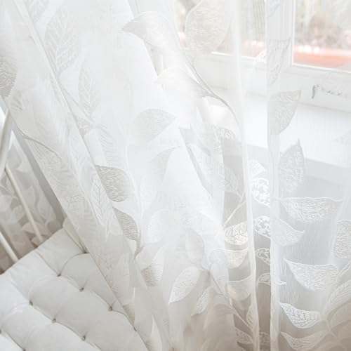 Image of Treatmentex Lace White Sheer Curtains for Living Room 84inch Vintage Botanical Floral Leaf Semi Sheer Window Curtain Panel for Bedroom 54 inch W 2pcs Rod Pocket 7ft Floor Length