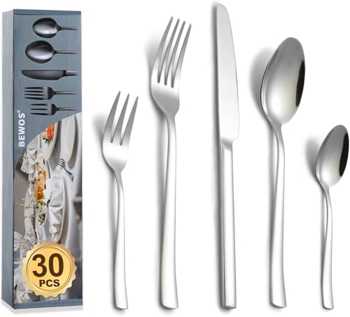 BEWOS Besteckset für 6 Personen, Silber 30-teiliges Besteckset aus Edelstahl, inklusive Messer, Gabeln und Löffel… – Ansicht 1