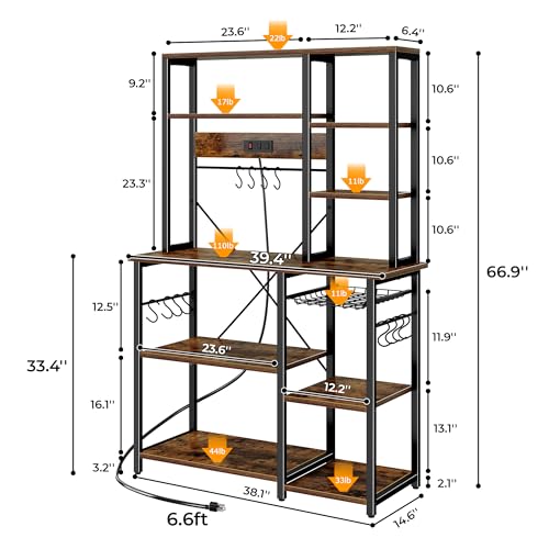 Image of SUPERJARE Large Bakers Rack with Power Outlets, 6-Tier Microwave Stand, Coffee Bar with 12 S-Shaped Hooks, Kitchen Shelf with Wire Basket, 39.4 x 14.6 x 66.9 Inches, Rustic Brown